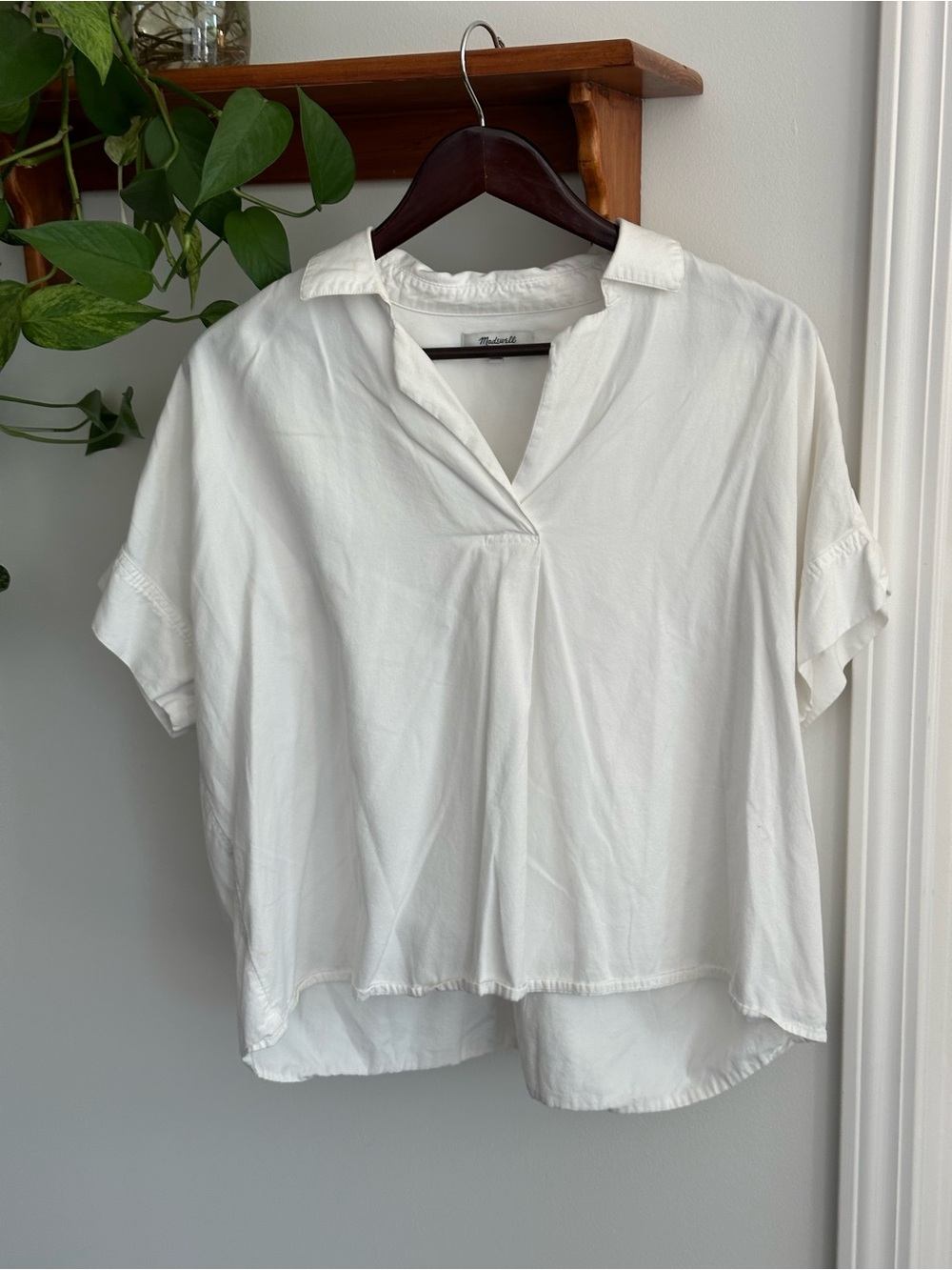 Madewell White Collared V-Slit Short Sleeve Blouse